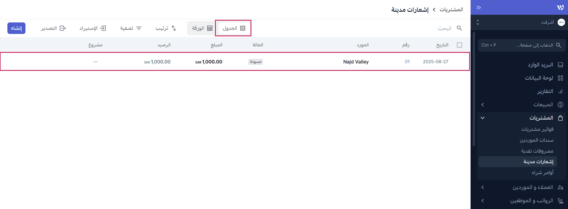 الإجراءات المتاحة على الإشعار المدين بعد الحفظ