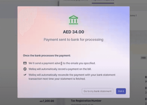 [Wafeq Bank Reconciliation Screen: Demonstrating automatic matching of executed bank disbursements against posted supplier bills]