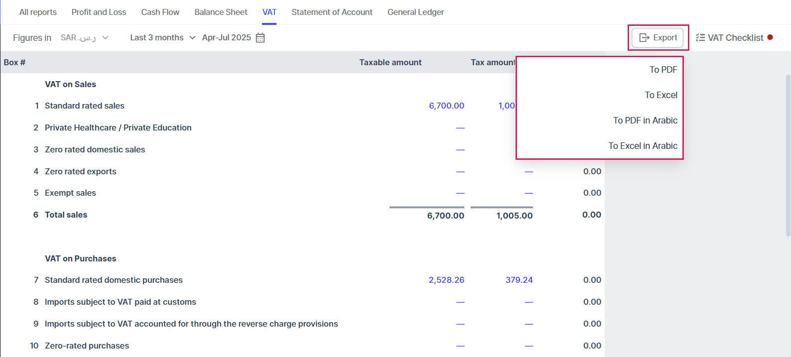 Wafeq FTA Audit File (FAF) Export Screen: Demonstrating one-click ASCII/CSV export button and transaction-level audit logs