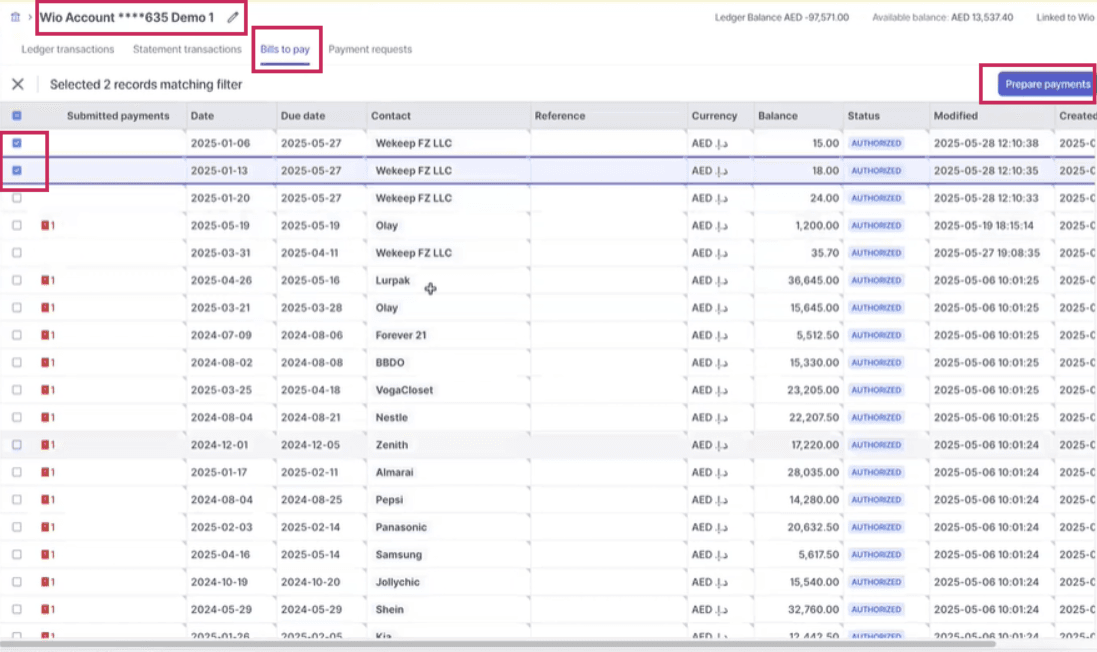 Wafeq Payout Automation Dashboard Screen: Displaying pending payment requests, bulk selection checkboxes, payment status badges