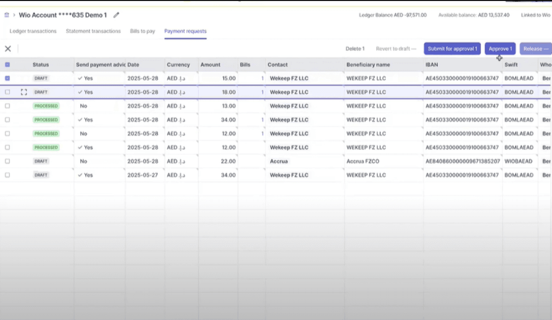 Wafeq Payout Automation Dashboard Screen: Displaying pending payment requests, bulk selection checkboxes, payment status badges