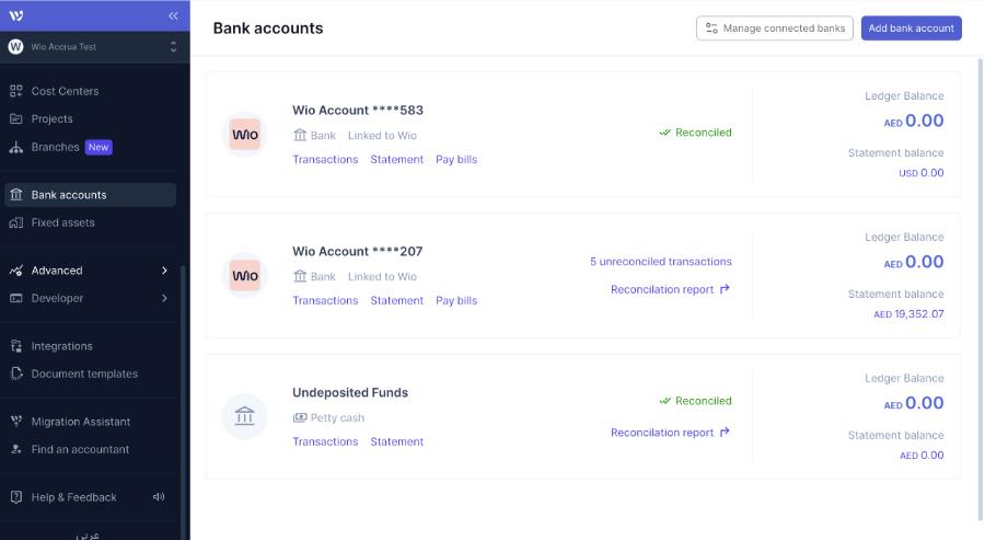 Bank Accounts page with WIO