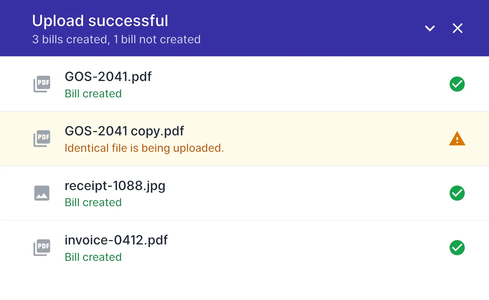 An upload list with a duplicate file flagged