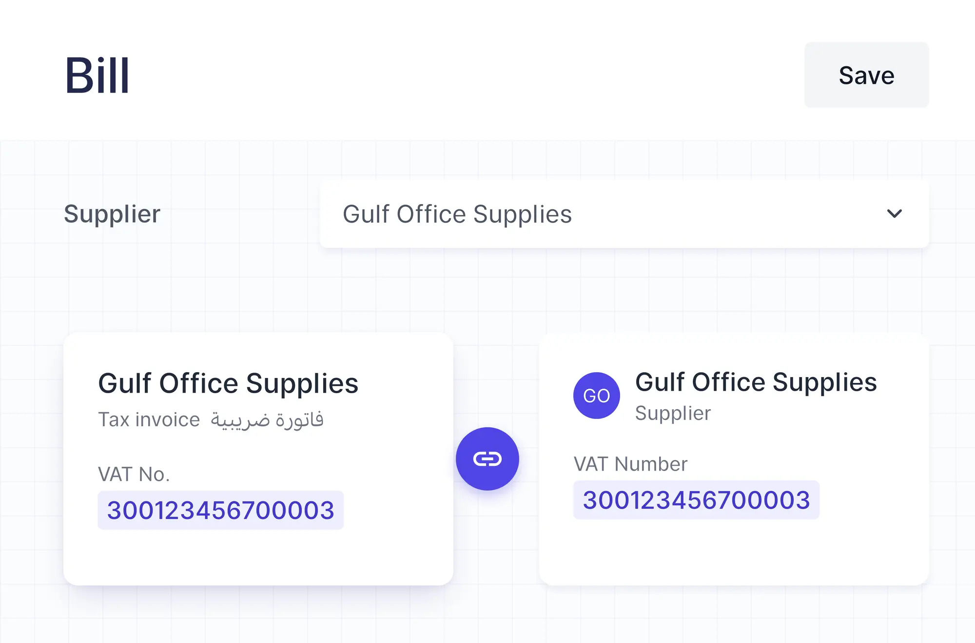 A bill draft with the supplier matched by VAT number