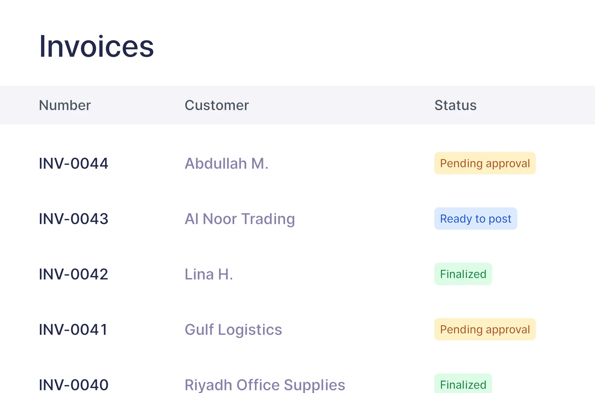 The invoices list with Pending approval and Ready to post statuses