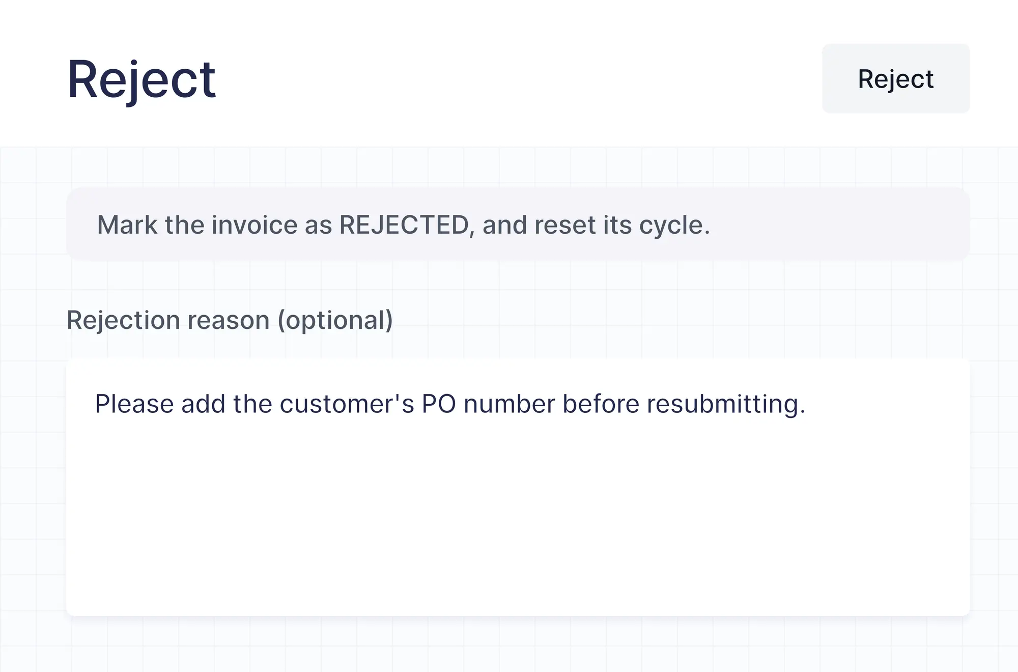 Rejecting an invoice with a rejection reason