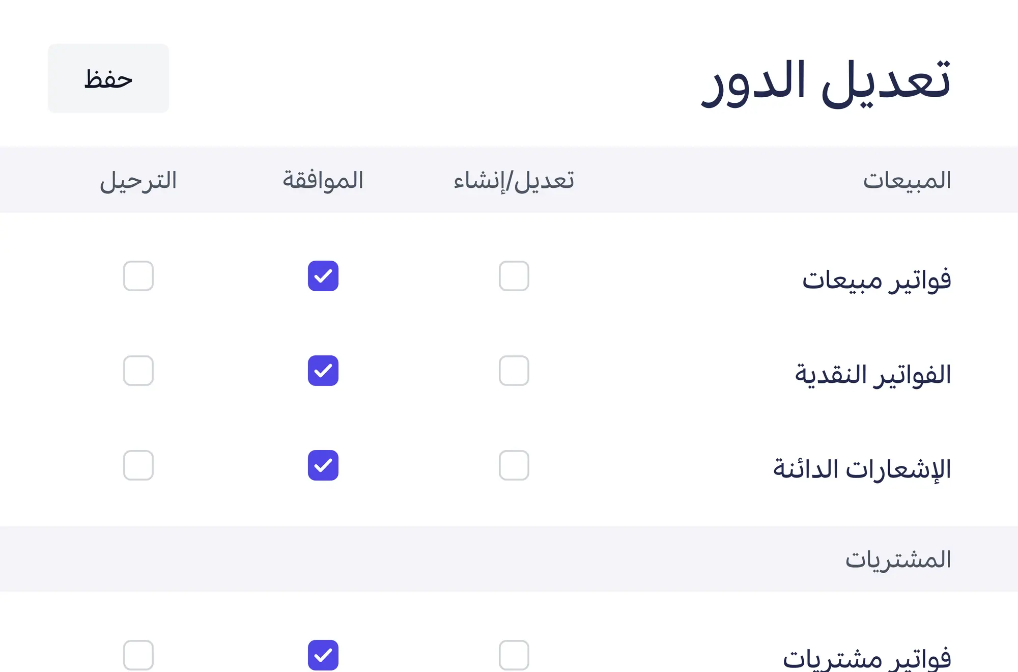 صلاحيات الدور: تعديل/إنشاء والموافقة والترحيل لكل نوع مستند