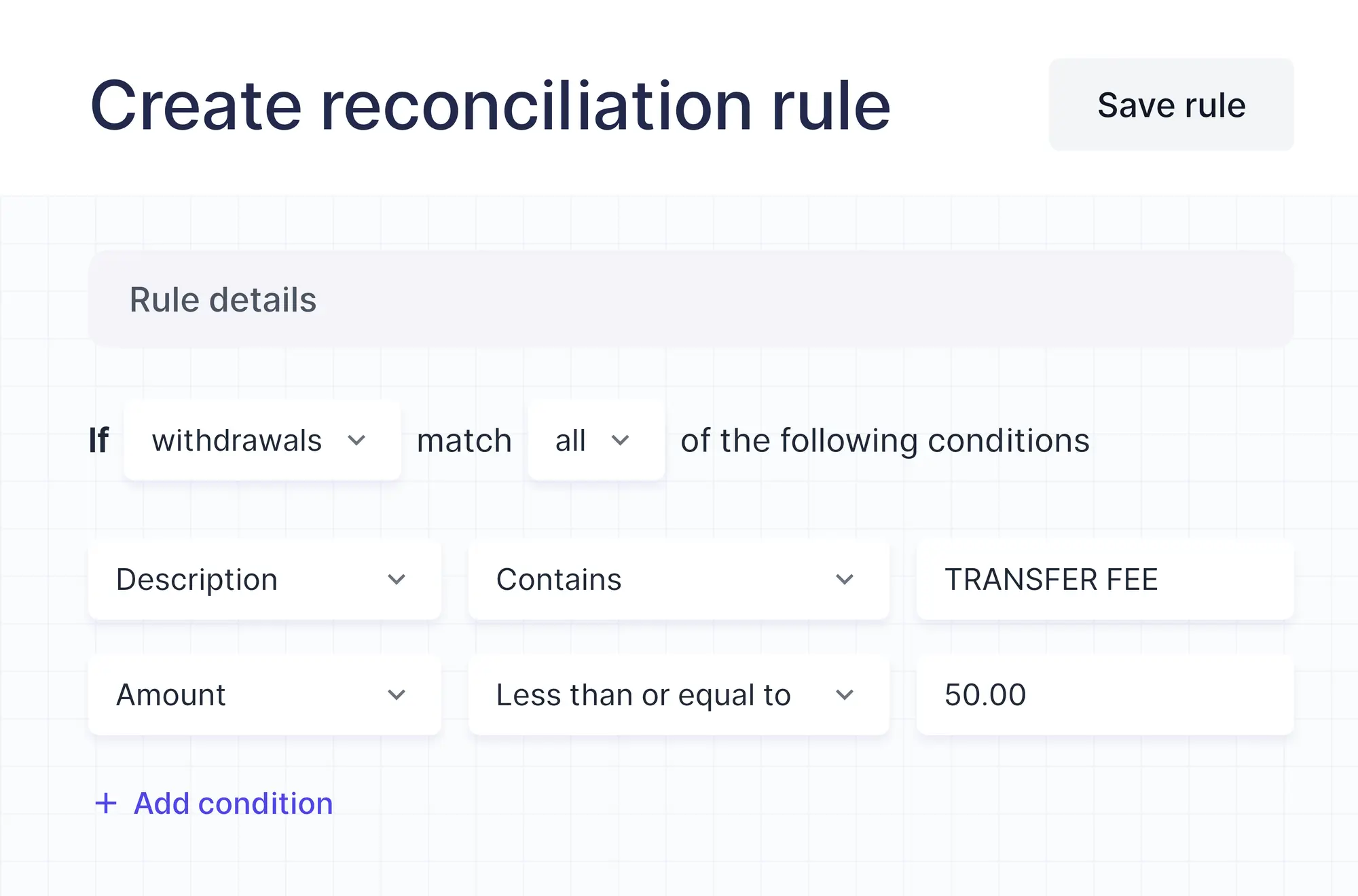 A rule's conditions: withdrawals whose description contains a word