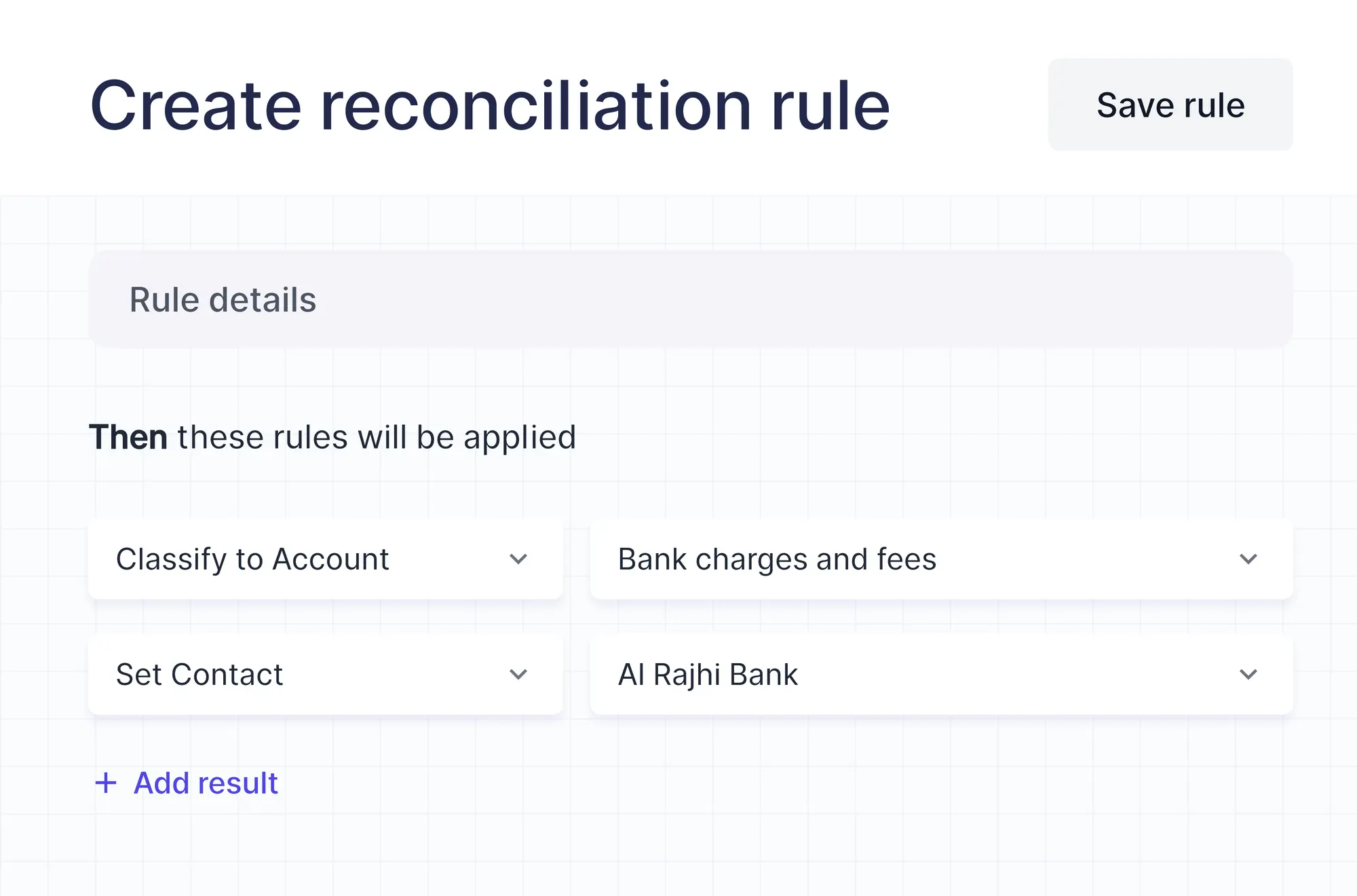 A rule's results: classify to an account and set the tax rate
