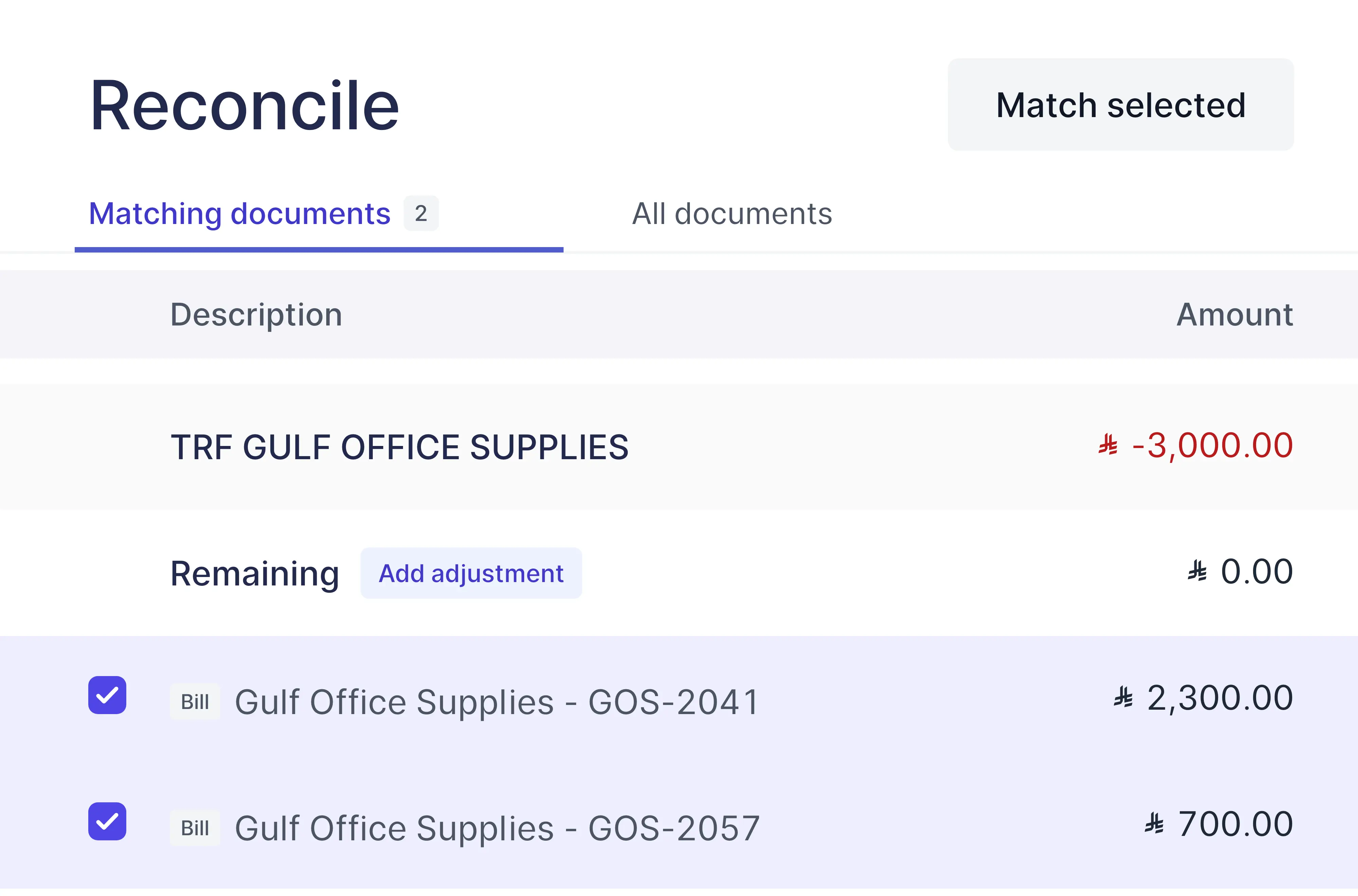 One bank transfer matched to two bills