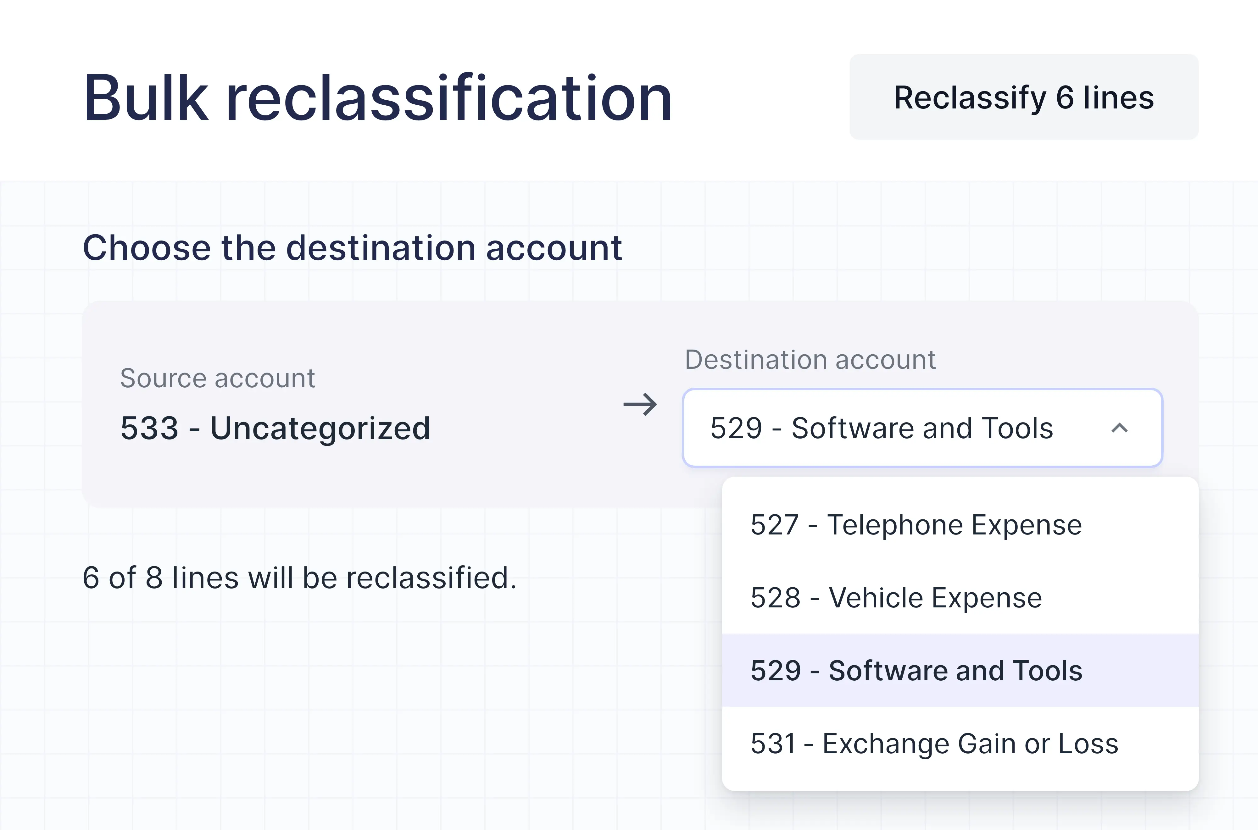 Source account to destination account, with 6 of 8 lines to reclassify