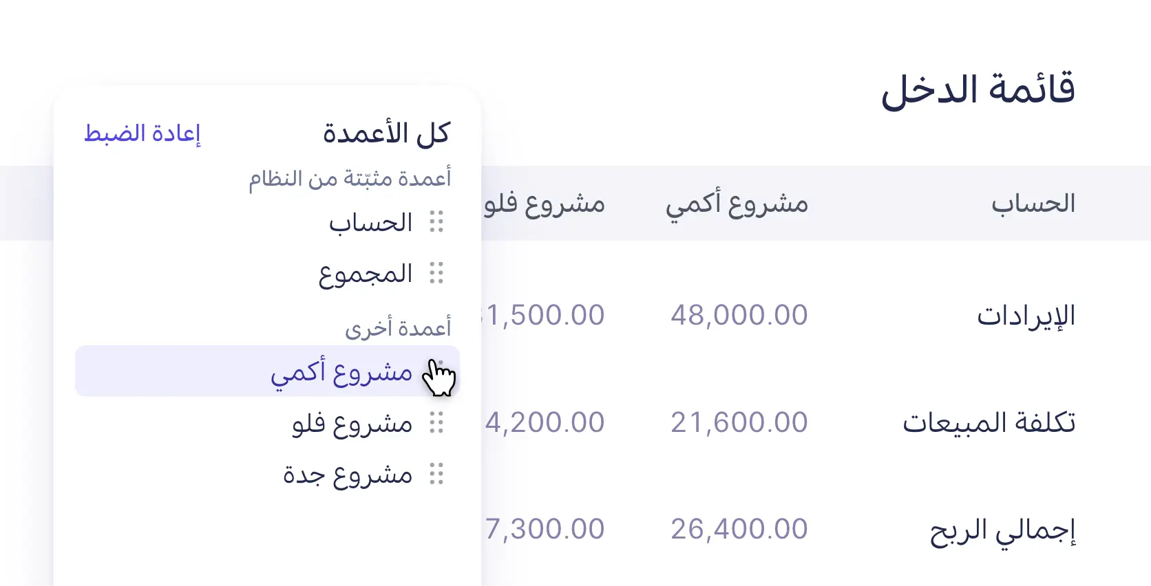 لوحة تعديل الأعمدة مع أعمدة يمكن إعادة ترتيبها