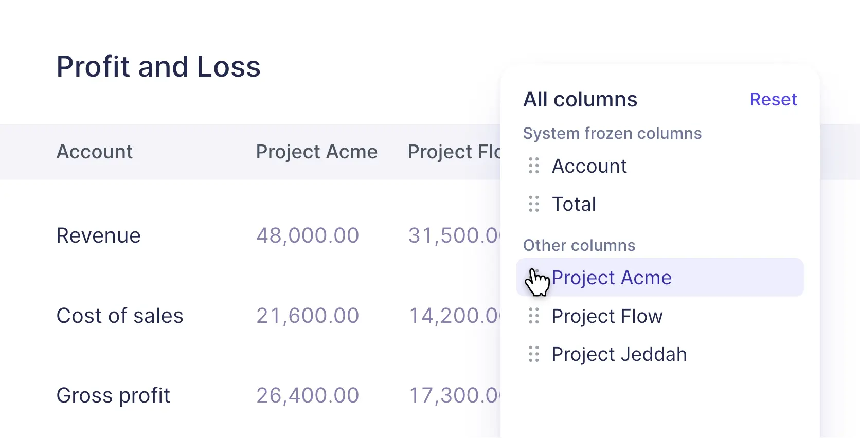 The Edit columns panel with columns that can be reordered