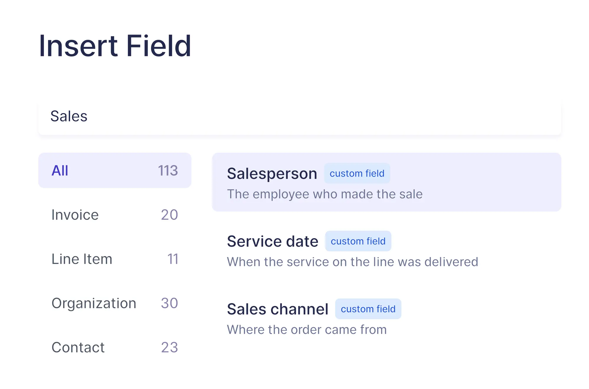 The advanced designer with the Insert Field panel open