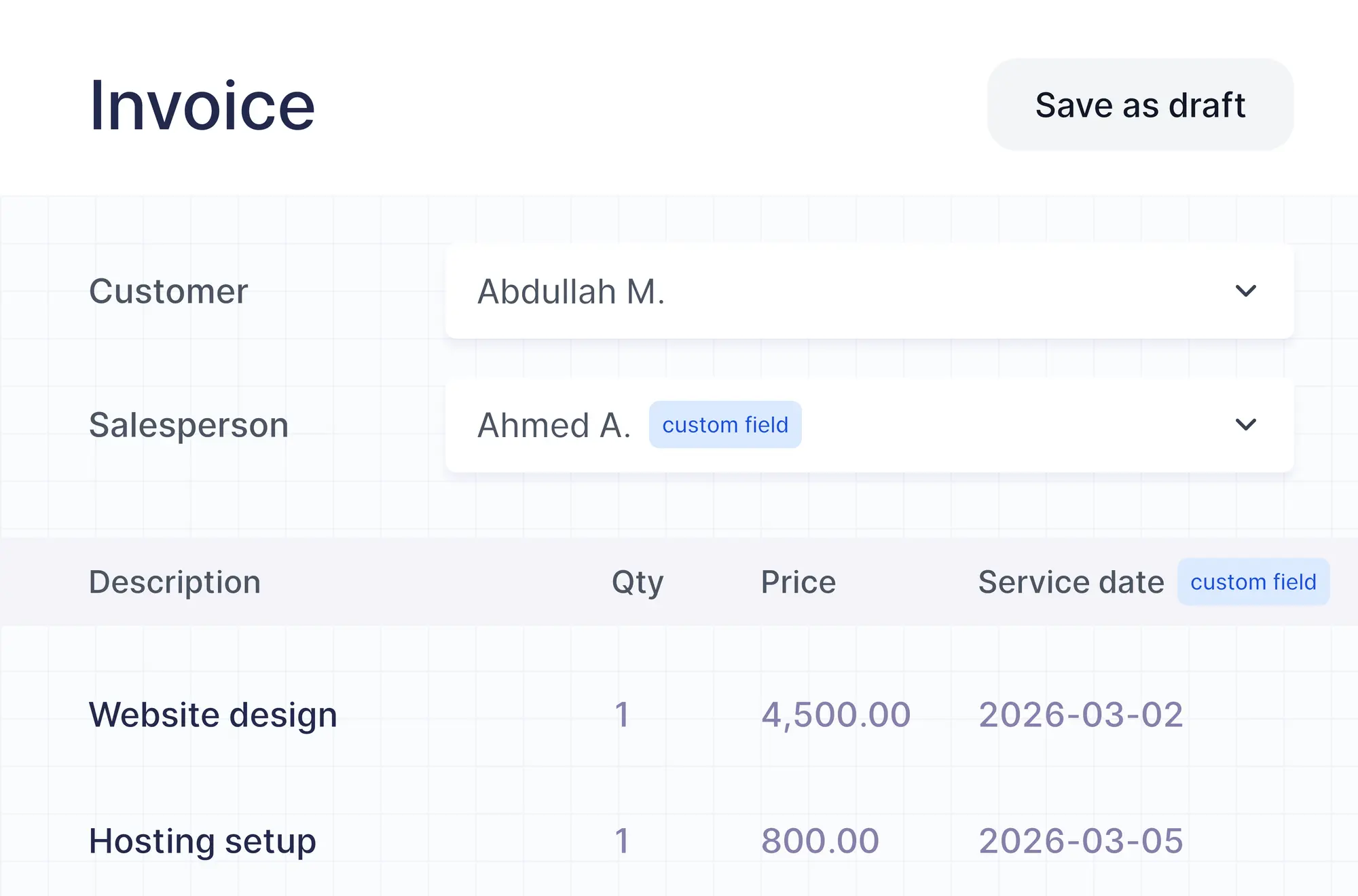 An invoice with a Salesperson field and a Service date column