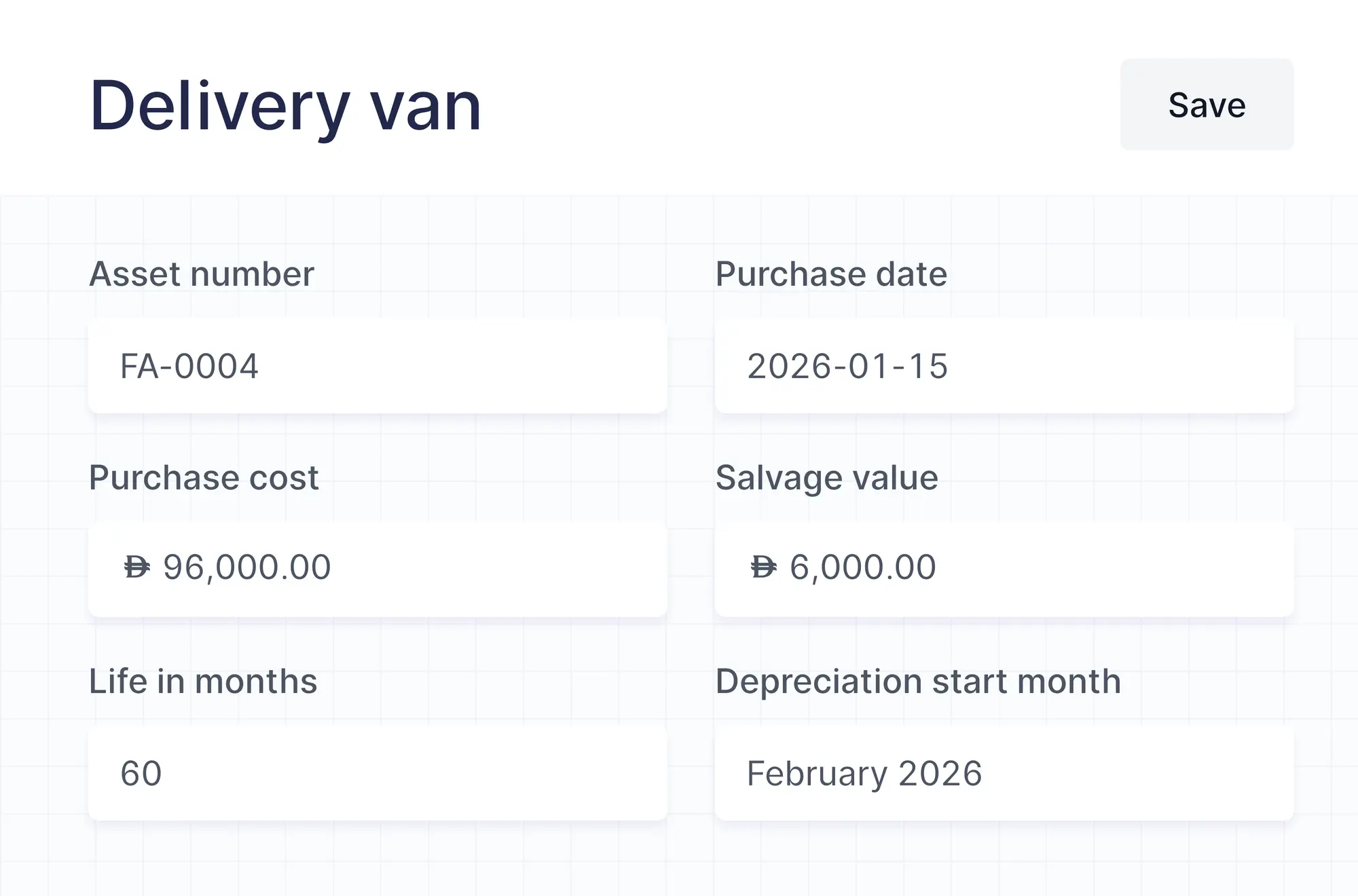 The delivery van's purchase cost, salvage value, life in months and depreciation start month