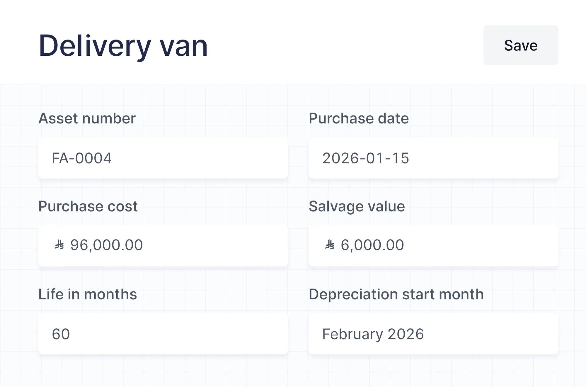 The delivery van's purchase cost, salvage value, life in months and depreciation start month