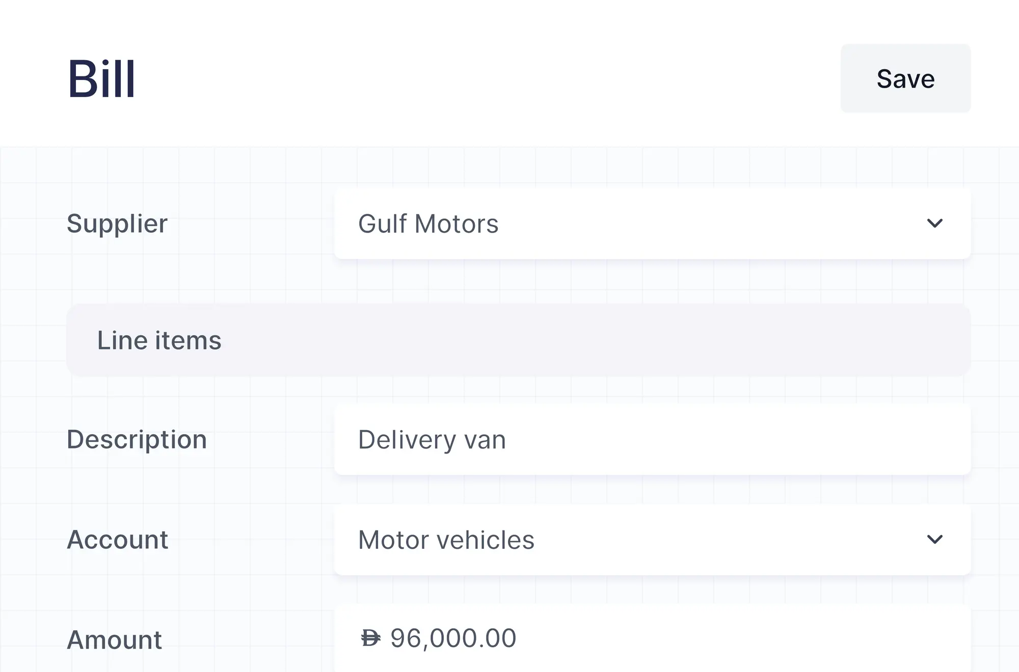 A bill line for a delivery van on a fixed asset account