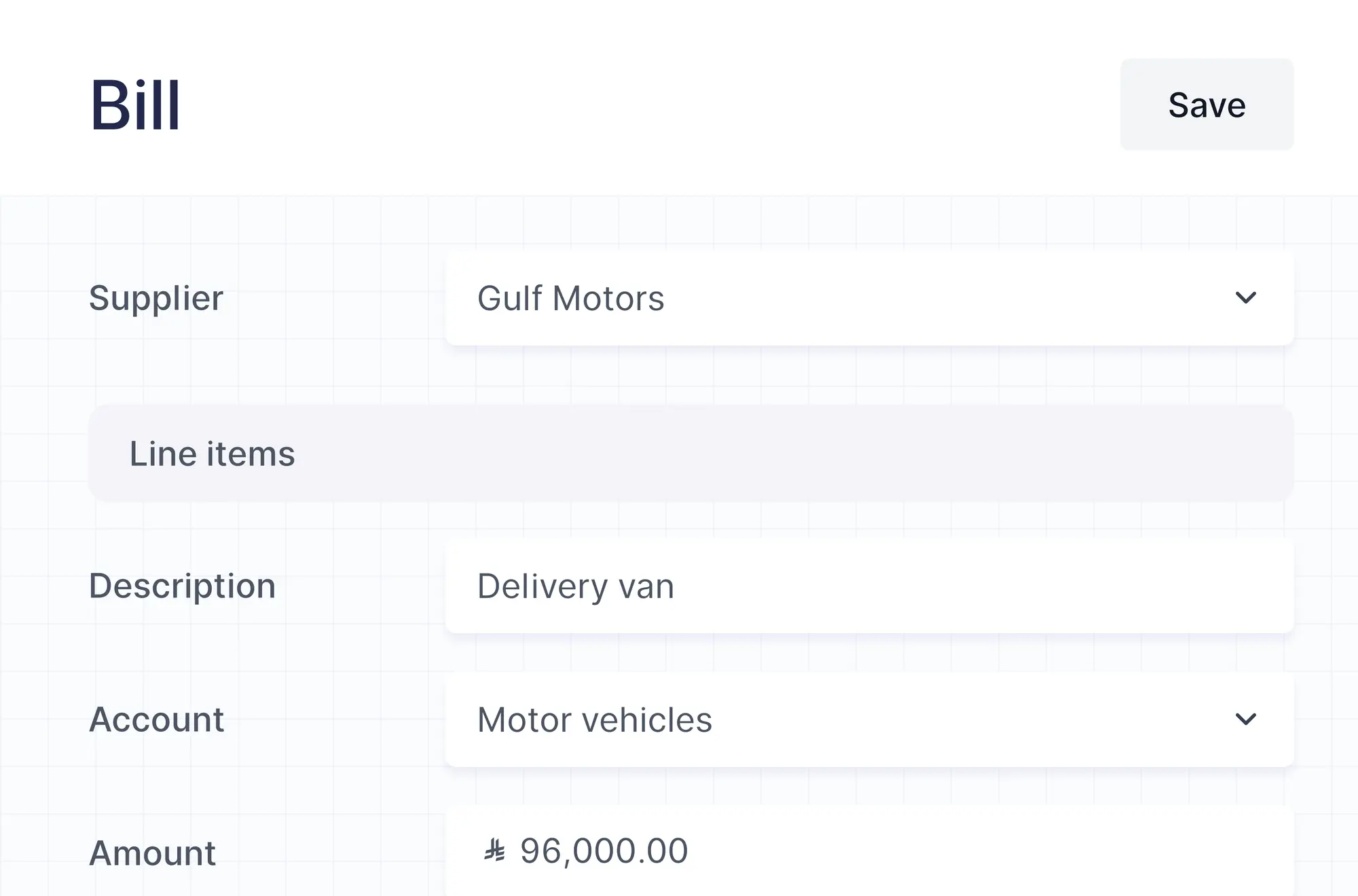 A bill line for a delivery van on a fixed asset account
