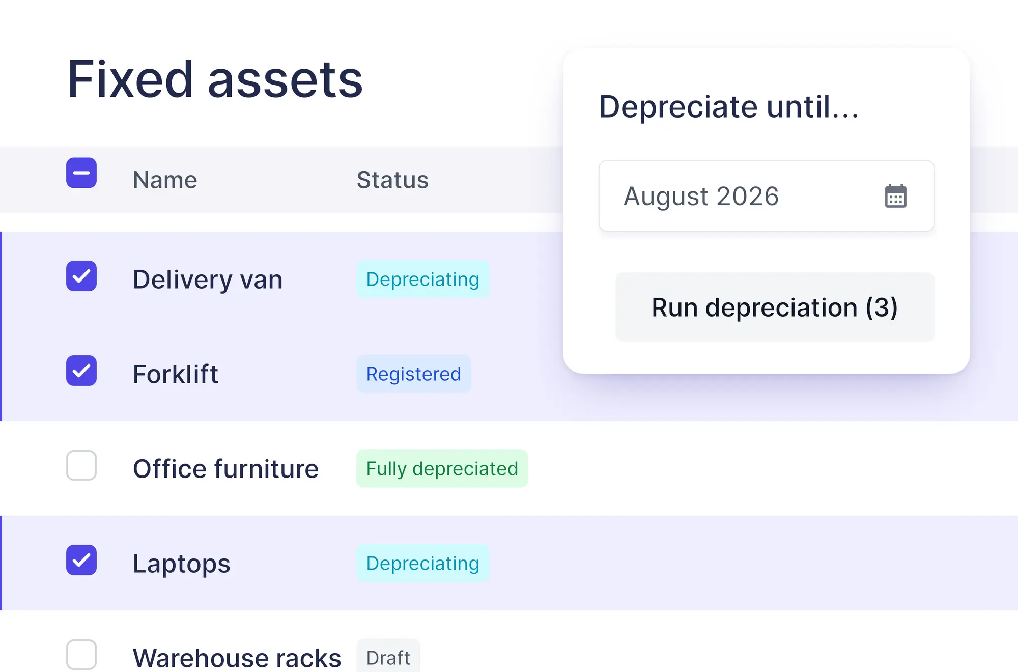 Three assets selected and the Depreciate until window