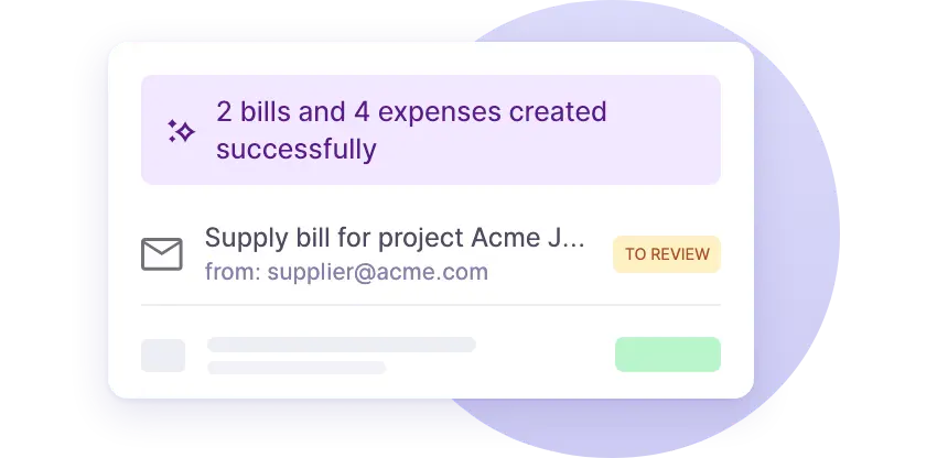 A card showing 2 bills and 4 expenses created successfully
