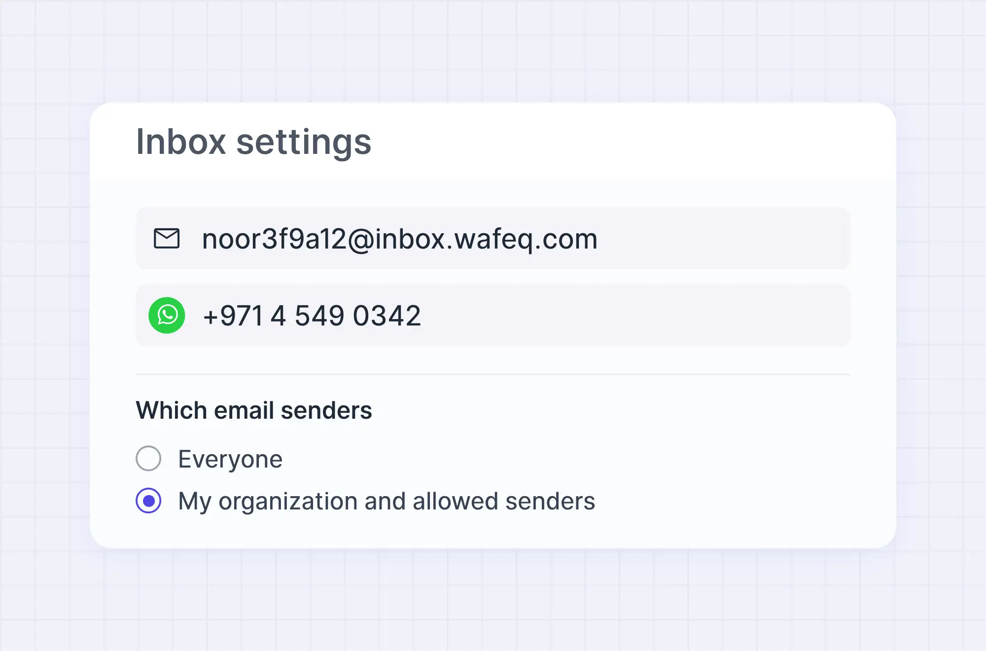 Inbox settings with the inbox email address, the WhatsApp number and the allowed senders