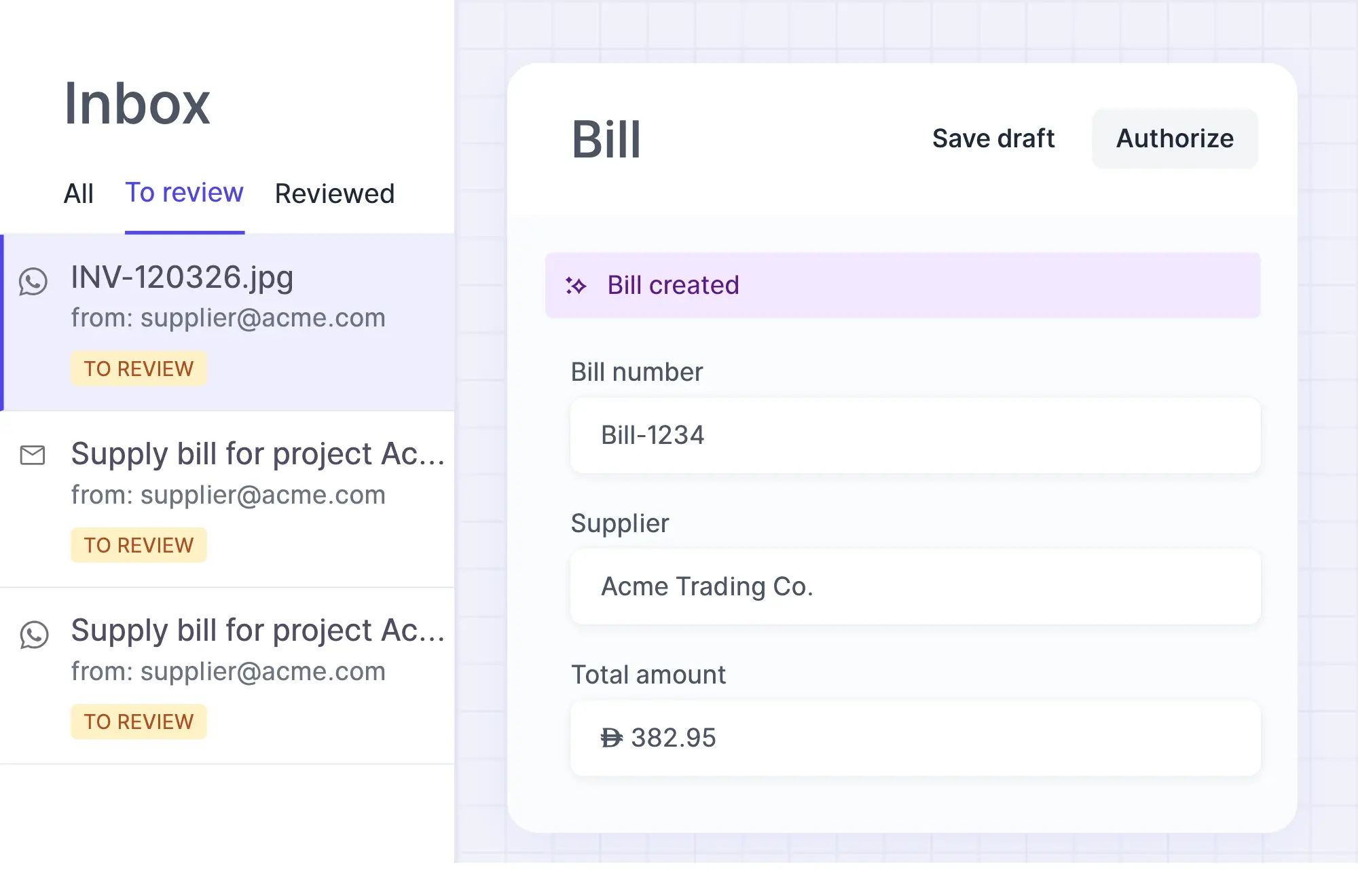 Review queue next to the draft bill with the Authorize button