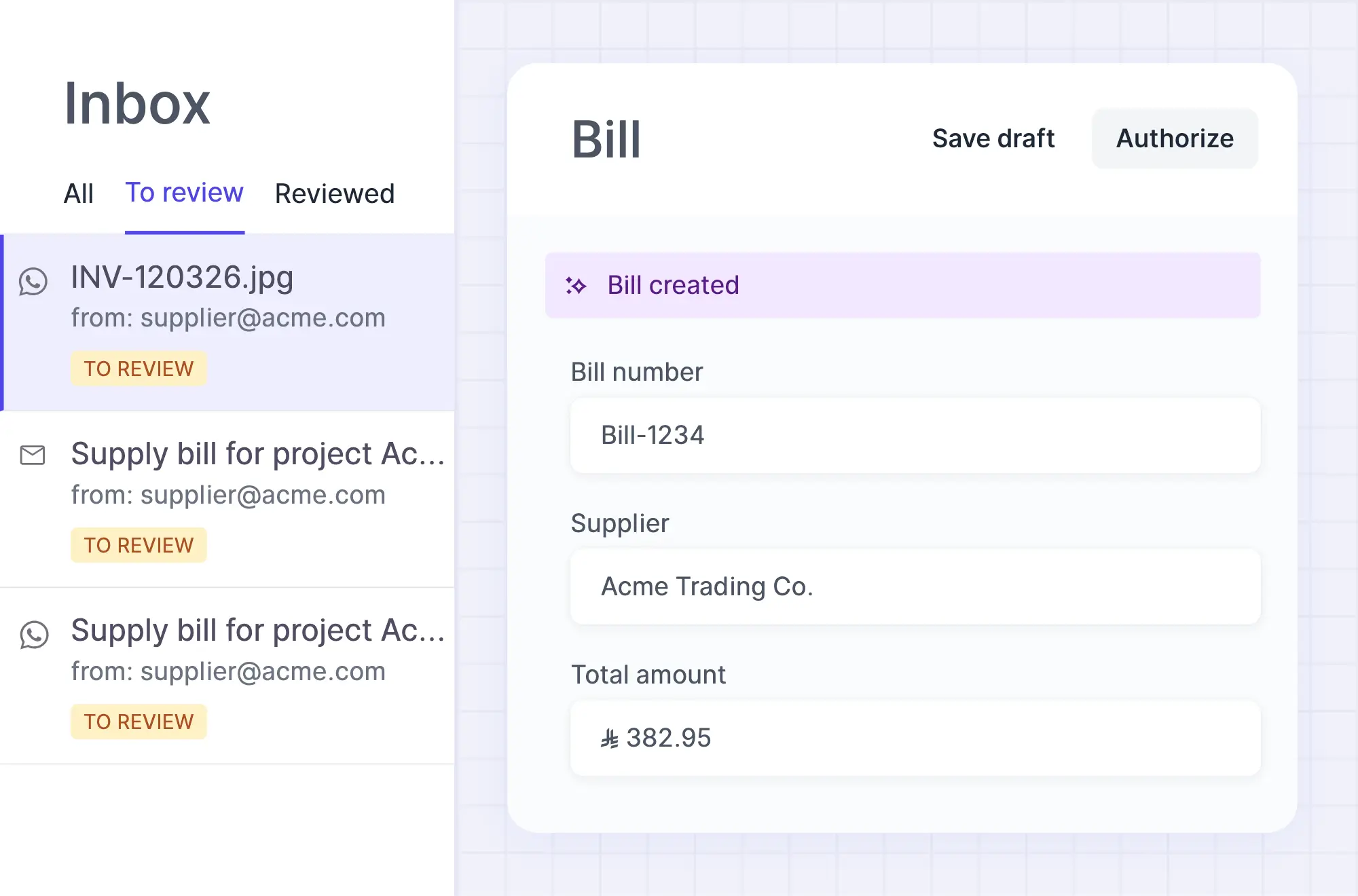 Review queue next to the draft bill with the Authorize button