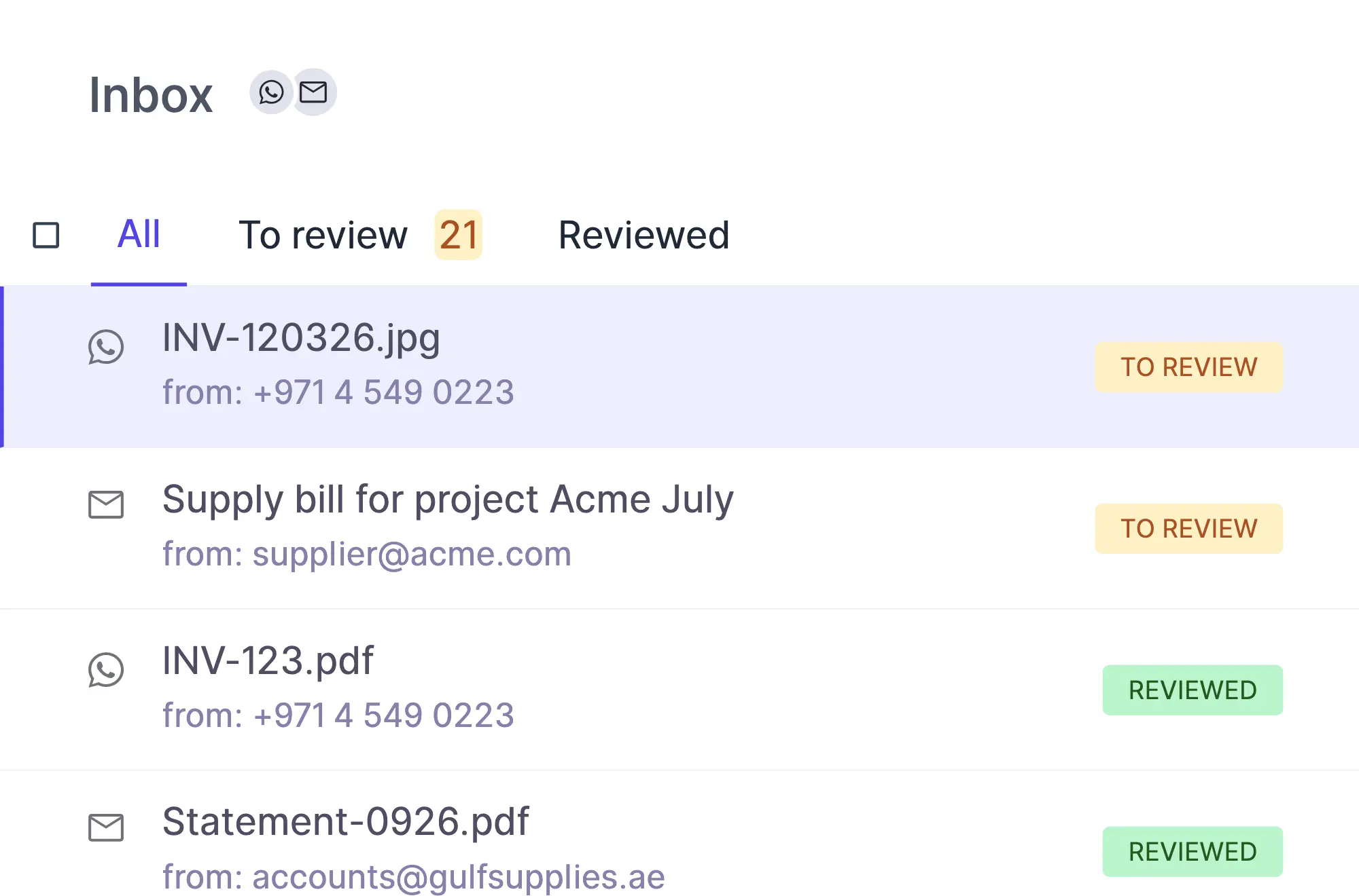 Inbox list with a new supplier bill waiting to be reviewed
