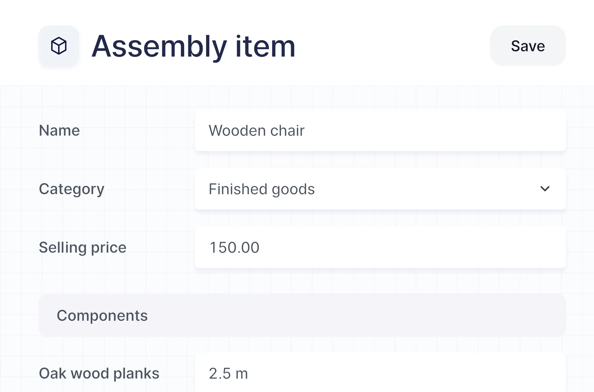 Creating a wooden chair as an assembly item with its category, selling price and components