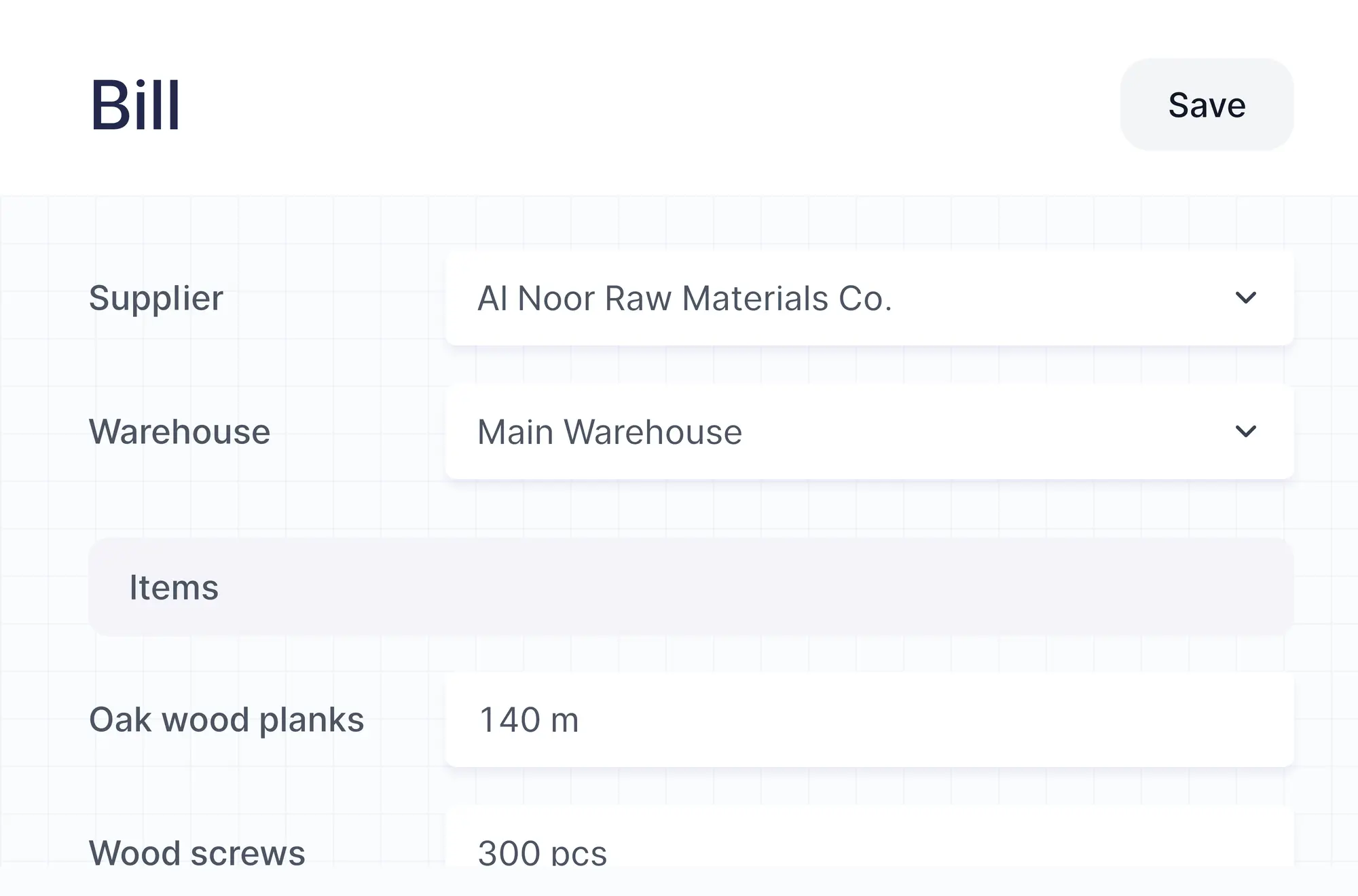 Purchase invoice recording raw materials from a supplier into the main warehouse