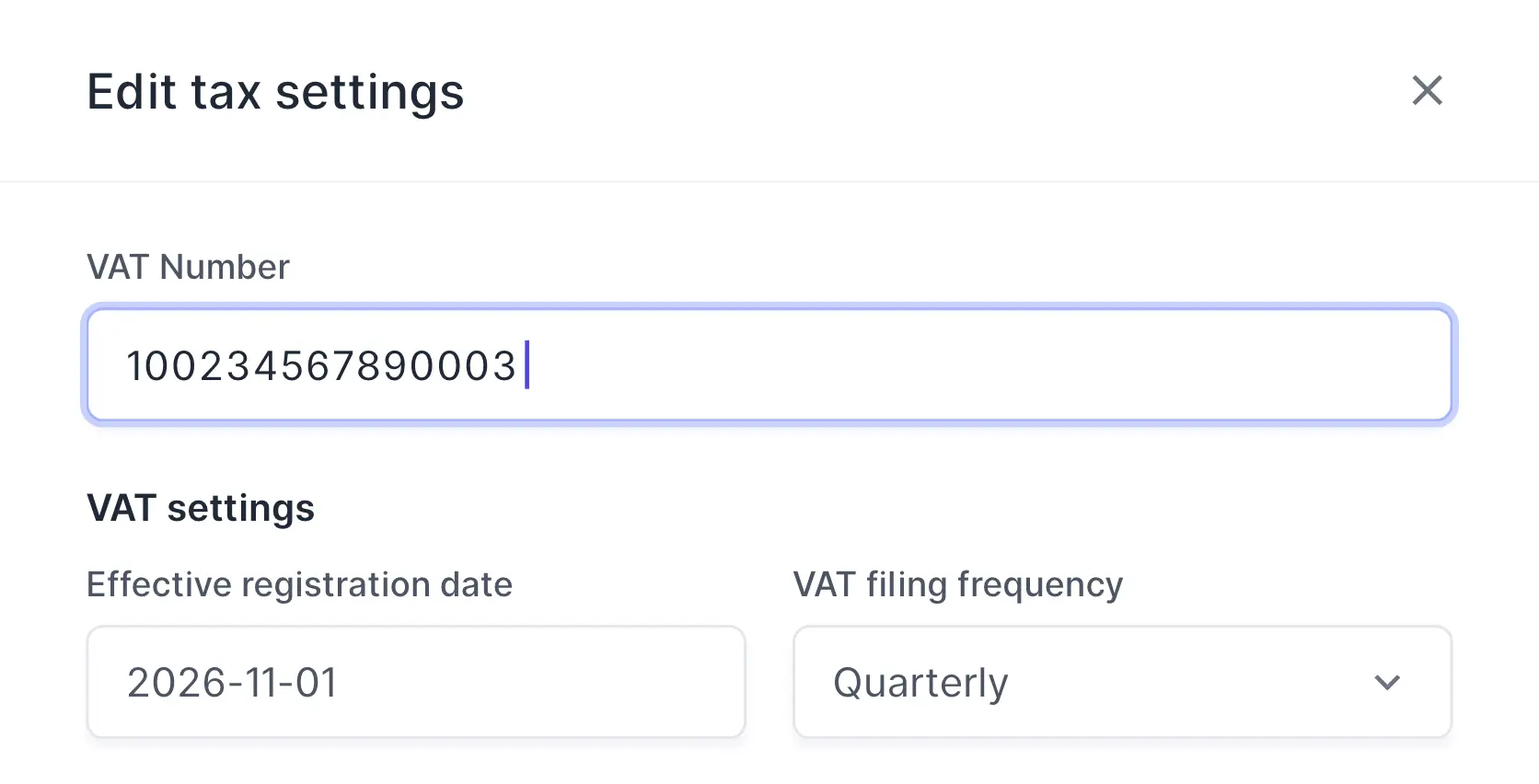 Edit tax settings, with the VAT Number field
