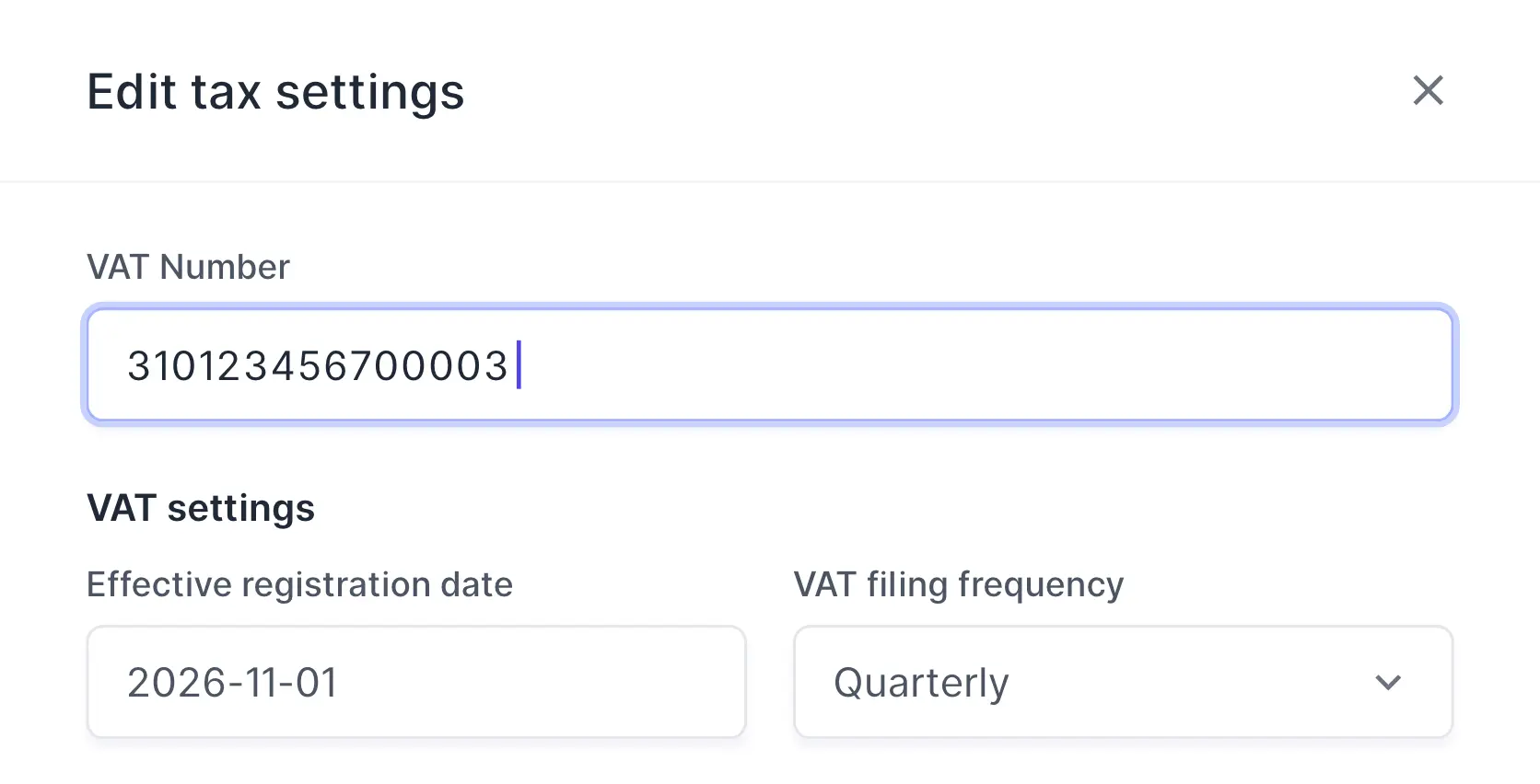 Edit tax settings, with the VAT Number field