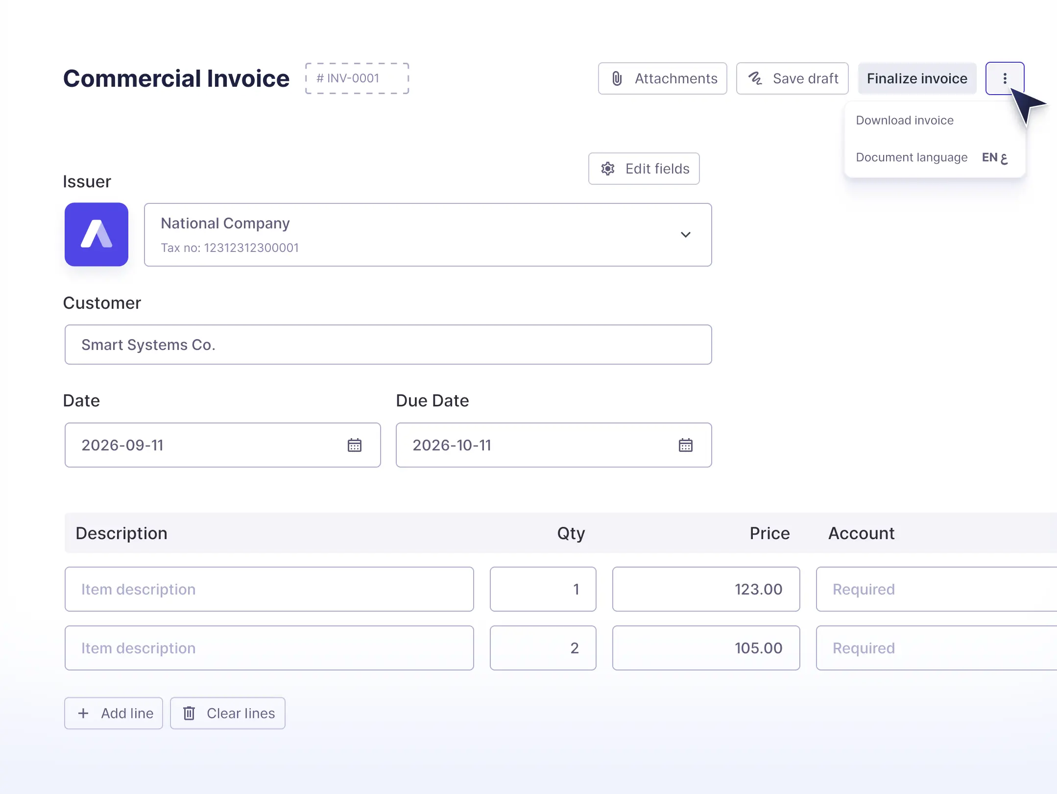 Creating a tax invoice in Wafeq, with issuer, customer and line item fields
