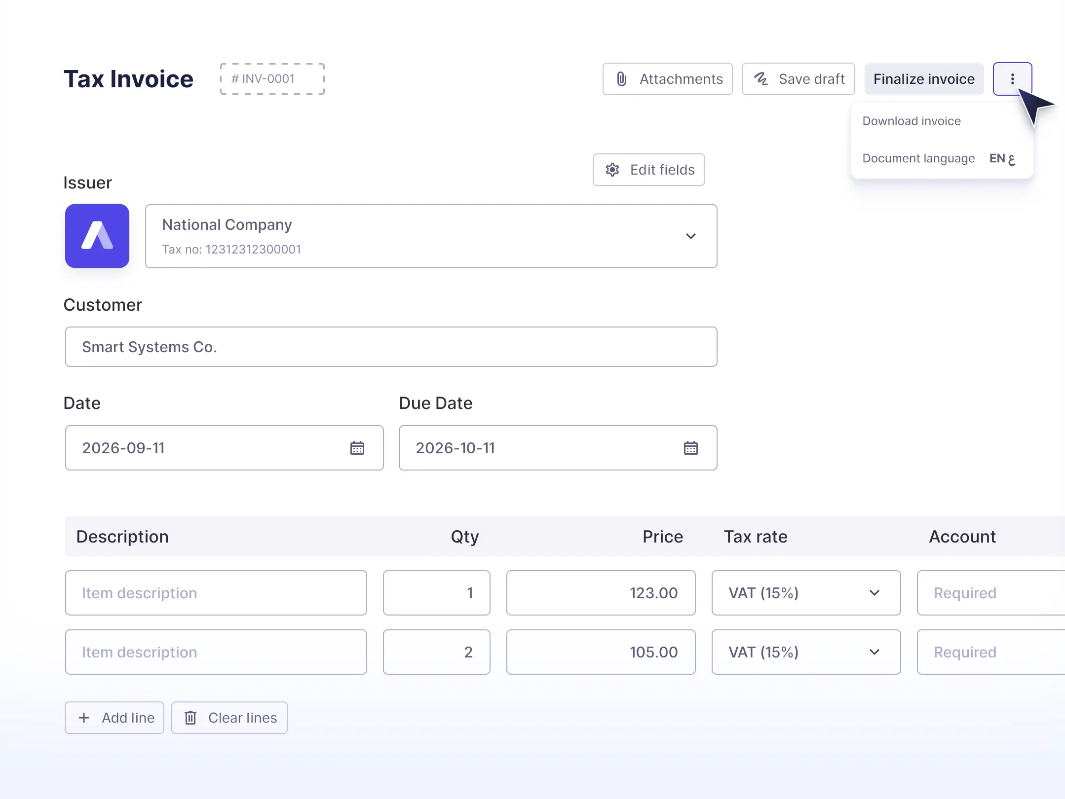 Creating a tax invoice in Wafeq, with issuer, customer and line item fields
